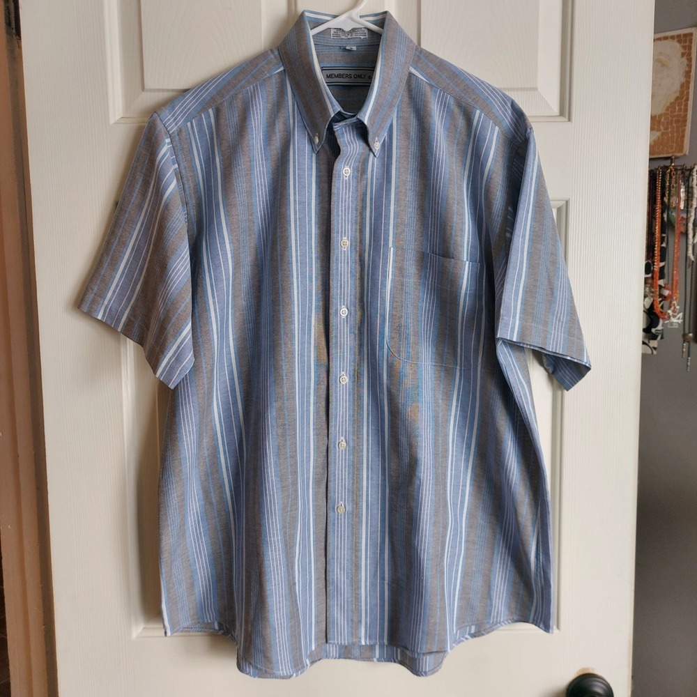 Members Only 90s Mens Blue Grey Striped Short Sleeve Button Down Shirt Large L